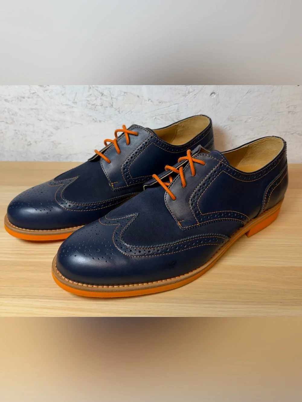 Bold Society Men's Navy Wingtip Oxfords with Orange Accents